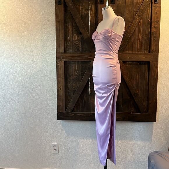 NWT Satin Dress Spaghetti Strap Backless Ruched Bodycon Split Maxi Elegant Dress - Picture 5 of 13